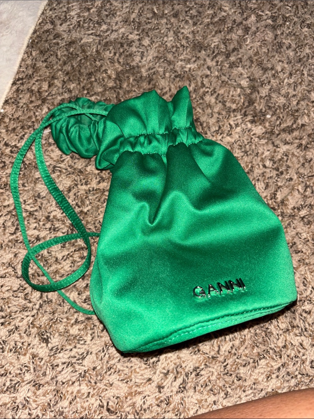 Ganni Emerald Green Satin Drawstring Mini Bag